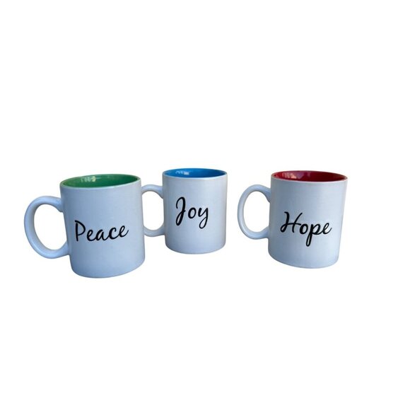 Set Of 3 Holiday-Themed Ceramic Mugs With Colorful Interiors - Peace Joy & Hope - Picture 3 of 12